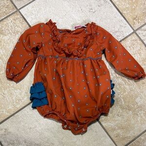 Ruffle Butts Orange Romper with Blue Floral Print